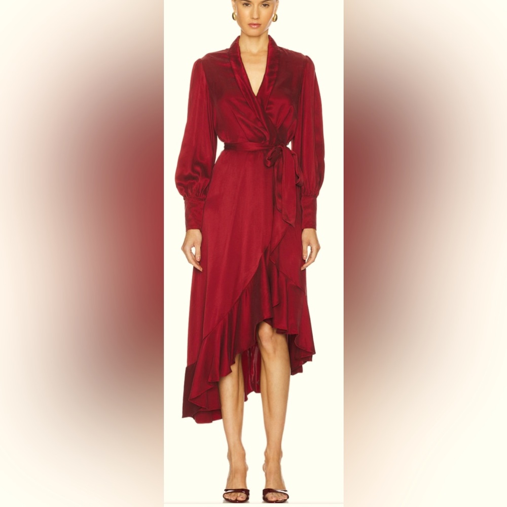 NWT  Alex Marie Red Satin V-Long Sleeve A-Line Asymmetrical Midi Dress Sz4